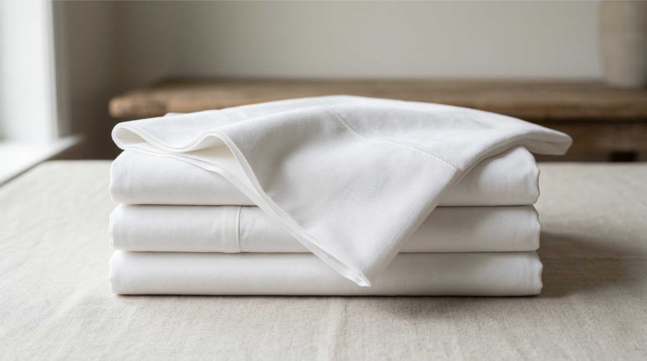 cotton bedsheets fabric weave texture and folded sheet stack explaining materials and thread count